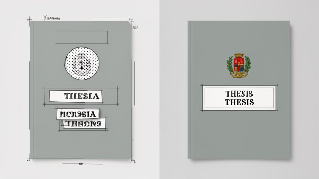 Due copertine di tesi grigie: una bozza schizzata, l'altra versione finale pulita con stemma e testo 'THESIS'.
