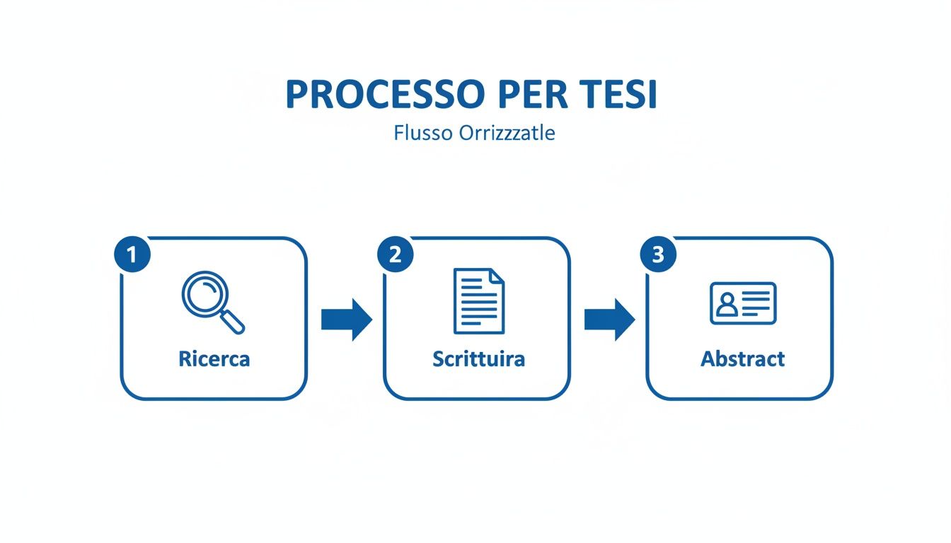 Schema visivo del processo per la tesi, che include ricerca, scrittura e preparazione dell'abstract.