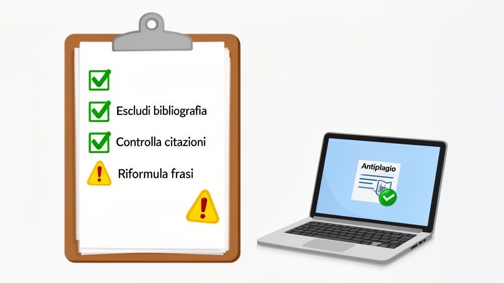 Clipboard con checklist per l'antiplagio e laptop che mostra un documento verificato con successo.