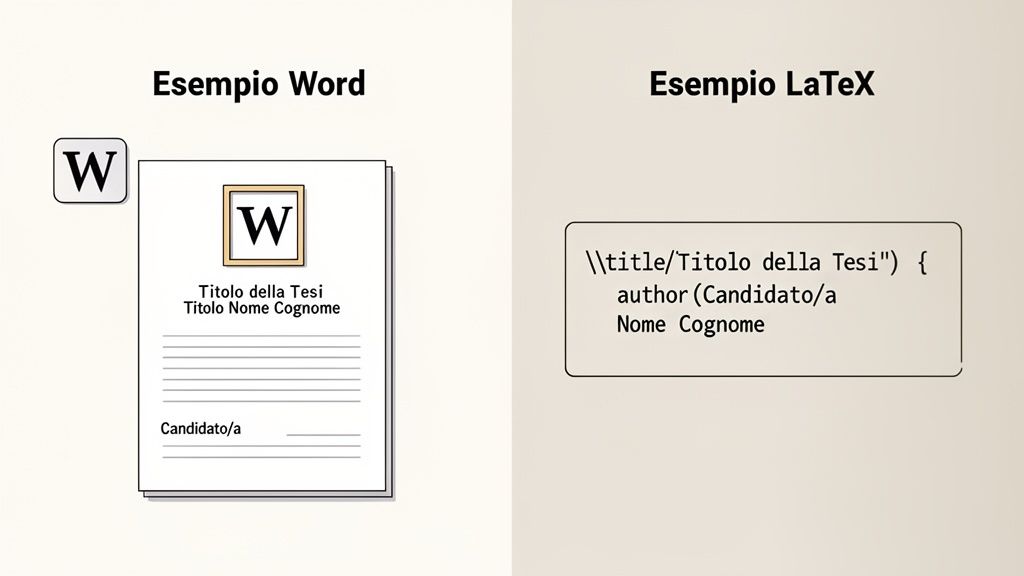 Due esempi di frontespizio tesi: uno creato con Microsoft Word e l'altro con codice LaTeX.