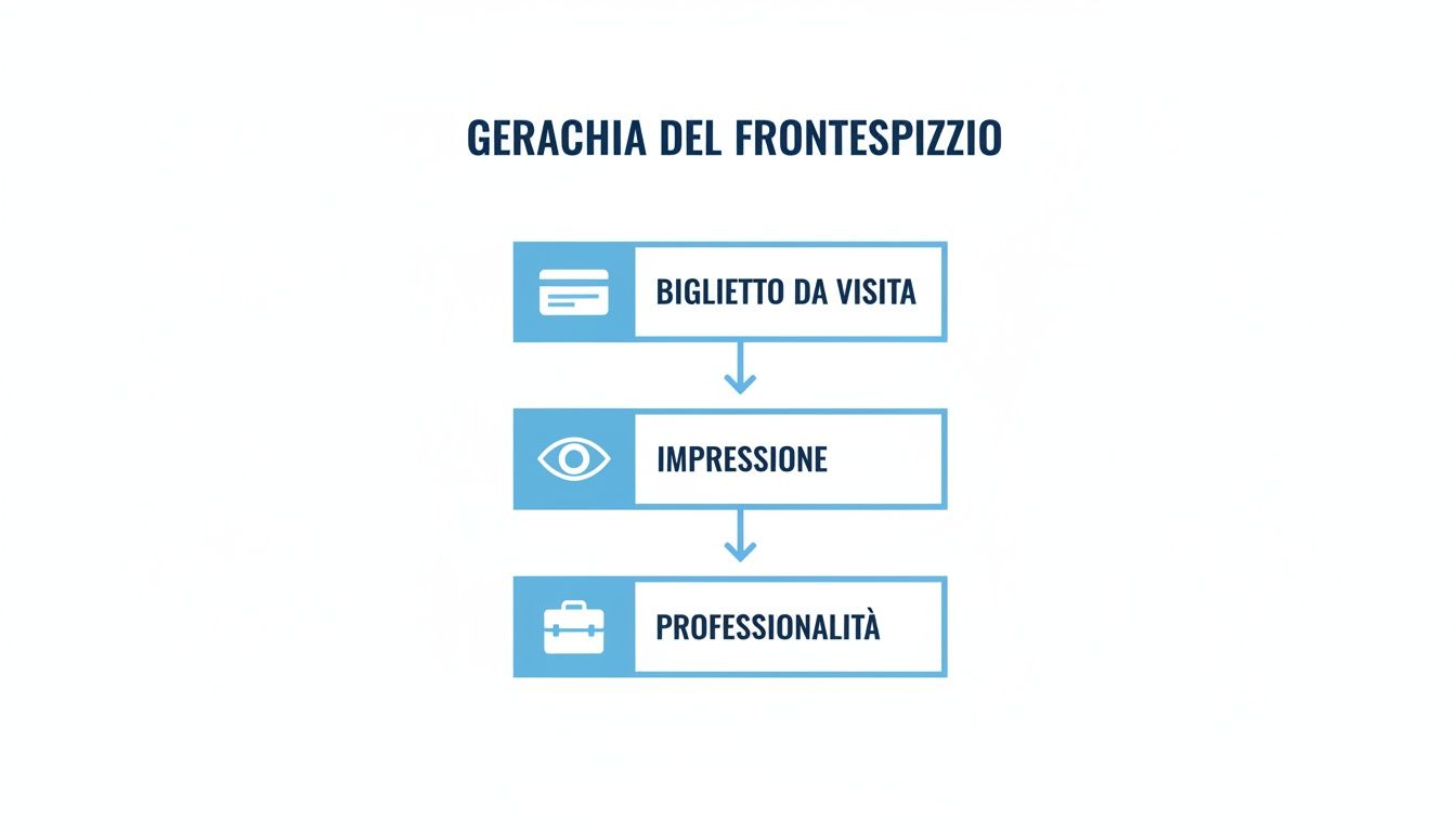 Diagramma esplicativo sulla gerarchia del frontespizio, che lo lega a un biglietto da visita, impressione e professionalità.