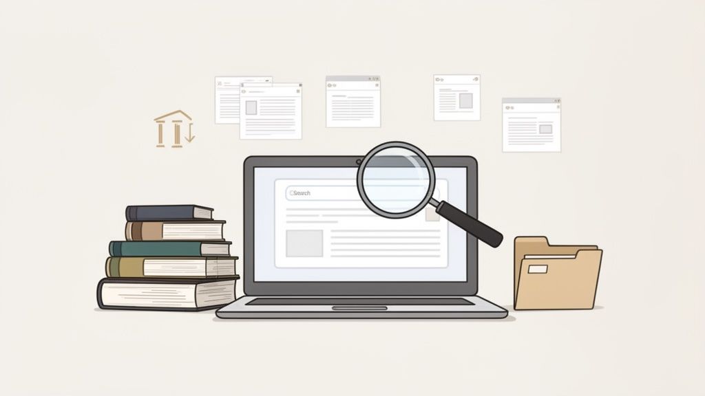 Illustrazione di ricerca e studio con laptop, lente d'ingrandimento, libri e documenti per tesi.