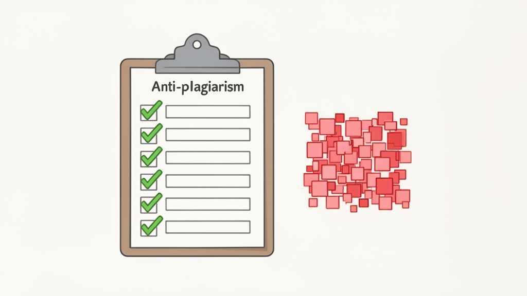 Una lavagnetta con 'Anti-plagiarism' scritto in cima e una checklist di sei punti spuntati, accanto a un gruppo di quadrati rossi.