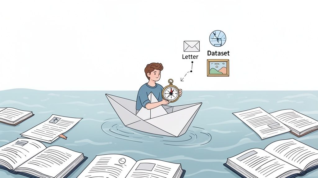 Un giovane naviga in una barca di carta su un lago di libri, usando una bussola tra una lettera e un dataset.