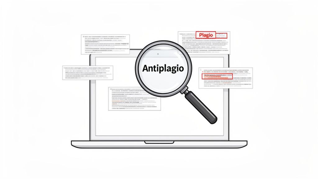 Illustrazione di un laptop con lente d'ingrandimento che evidenzia 'Antiplagio' e testi con 'Plagio' in rosso, suggerendo rilevazione.