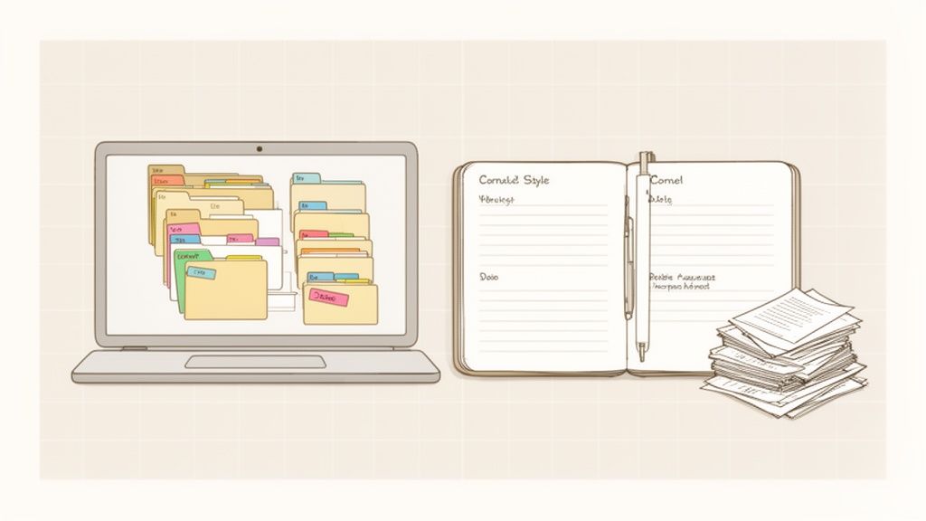 Illustrazione di un laptop con cartelle digitali e un taccino aperto, simbolo di metodi di studio efficaci.