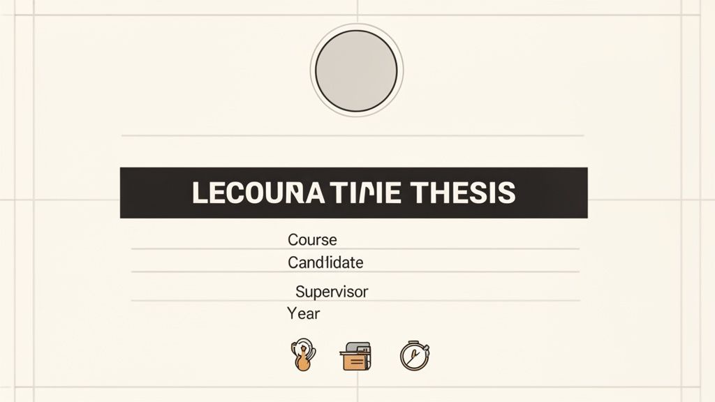Slide di presentazione per tesi con il titolo 'LECOURATIME THESIS', campi per corso, candidato, relatore e anno, e icone.