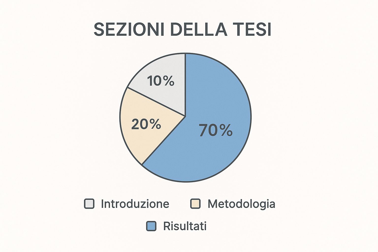 Infografica che mostra la suddivisione percentuale delle sezioni di una tesi: Introduzione 10%, Metodologia 20%, Risultati 70%