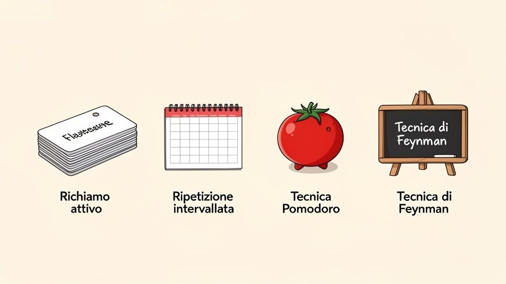 Quattro icone che rappresentano diverse tecniche di studio: richiamo attivo, ripetizione intervallata, Tecnica Pomodoro e Tecnica di Feynman.