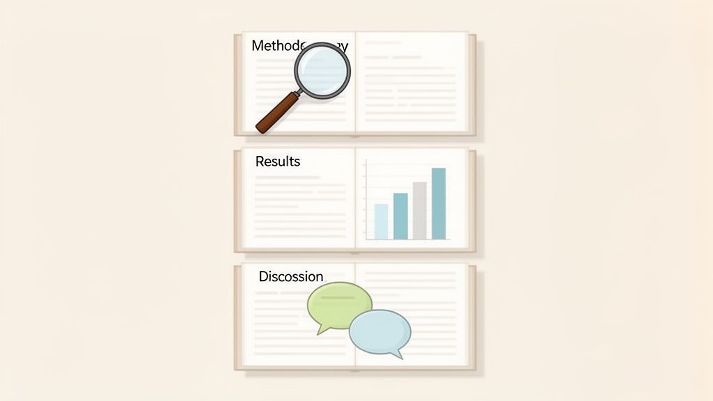 Tre libri aperti illustrano le sezioni di una ricerca: metodologia, risultati e discussione.