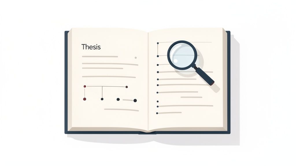 Libro aperto intitolato 'Tesi' con lente d'ingrandimento sulla pagina destra, simbolo di ricerca e studio.