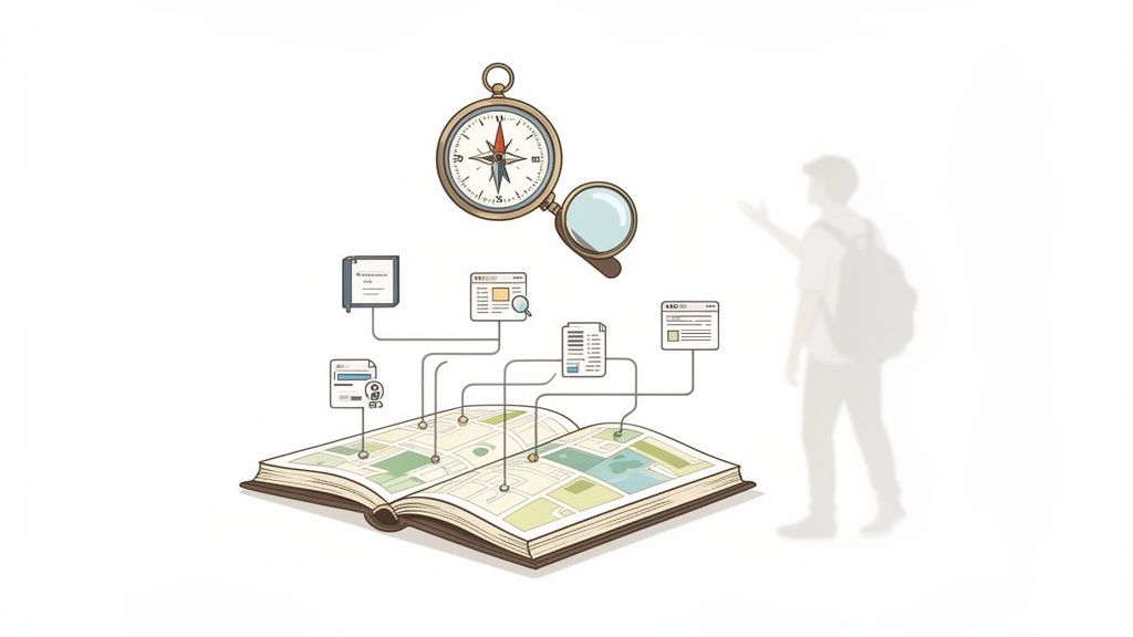 Un libro aperto con una mappa, icone digitali connesse, bussola, lente d'ingrandimento e persona. Simbolo di ricerca e navigazione delle informazioni.
