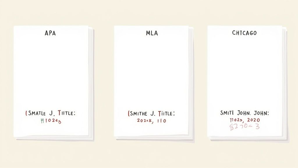 Tre pile di fogli bianchi con etichette APA, MLA e Chicago mostrano esempi di stili di citazione.