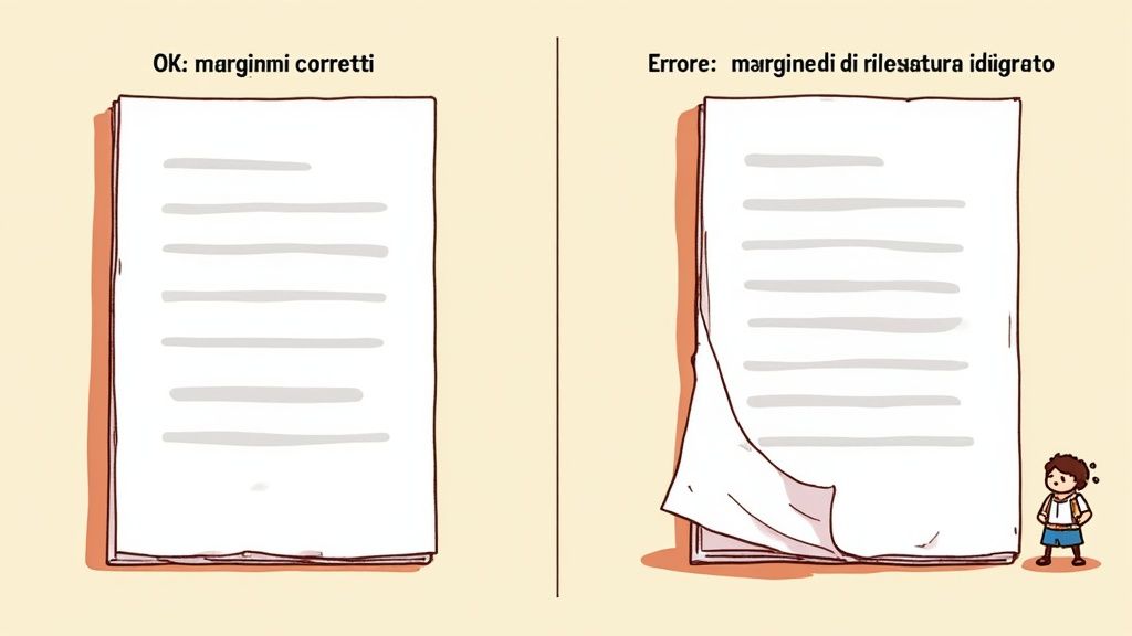 Confronto visivo tra margini di testo corretti e margini di rilegatura esagerati, con un omino che osserva.