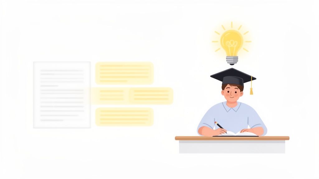 Illustrazione di uno studente che scrive a un tavolo, con una lampadina accesa e documenti, simboleggiando idee.