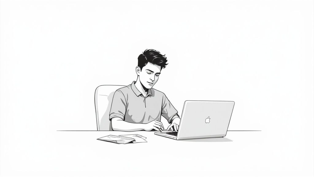 Uno studente che lavora alla sua tesi di laurea su un laptop, concentrato e in un ambiente di studio tranquillo.