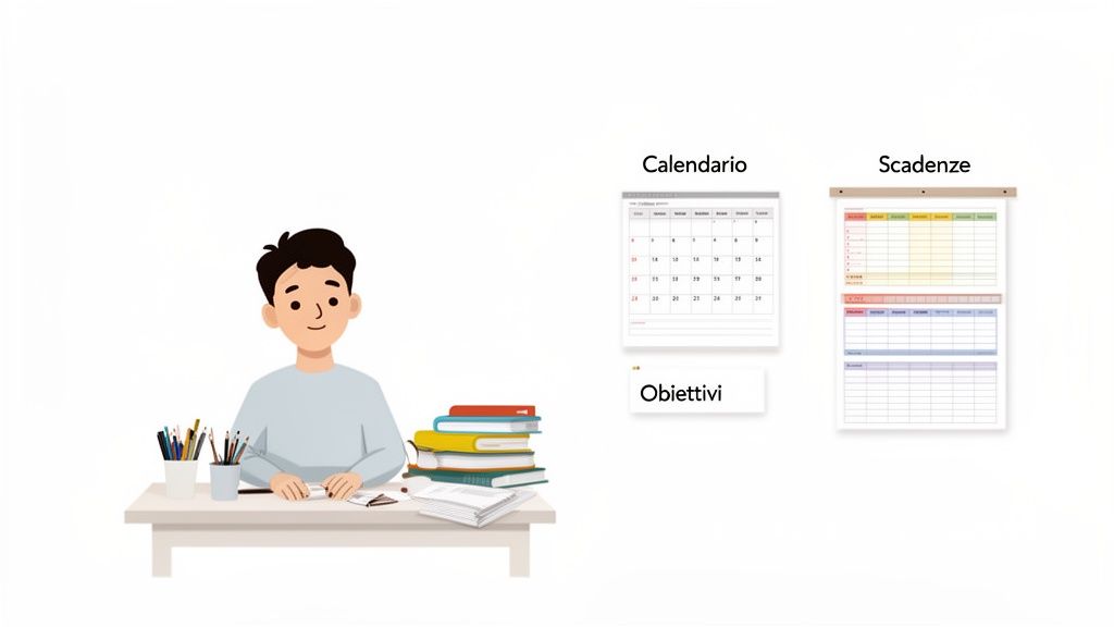 Un ragazzo studia alla scrivania con libri e colori, affiancato da un calendario, scadenze e obiettivi.