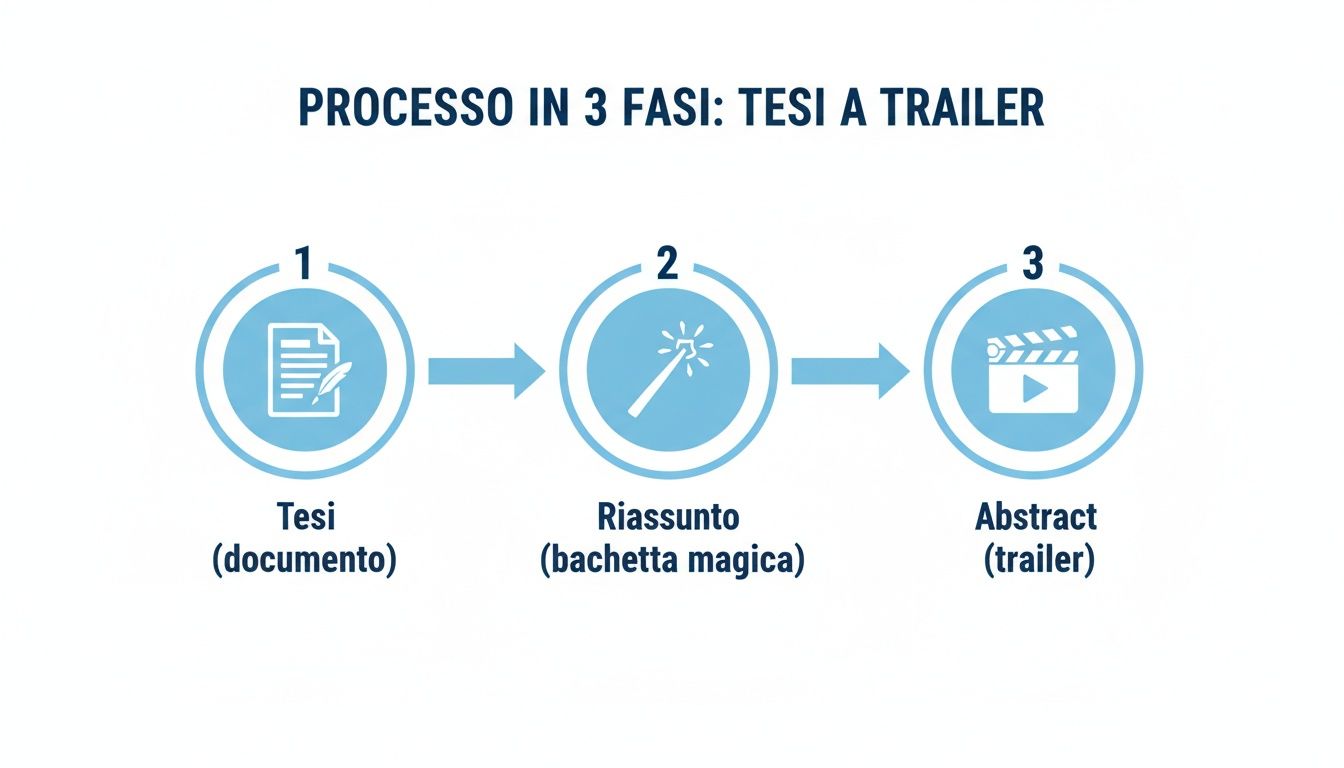 Flusso di lavoro che trasforma una tesi in un trailer in tre fasi: documento, riassunto e abstract.
