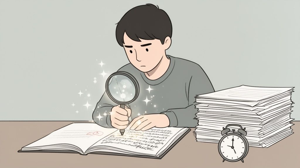 Un ragazzo concentra la sua attenzione su un quaderno usando una lente d'ingrandimento, con una pila di fogli e una sveglia accanto.