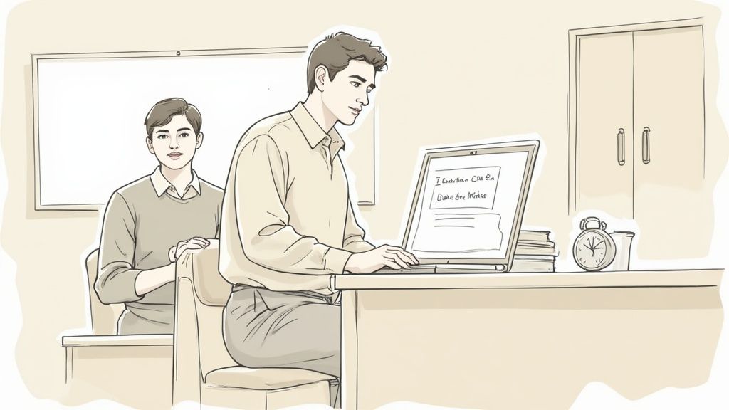 Giovane uomo lavora al laptop mentre un altro studente lo osserva in un'aula luminosa e ordinata.