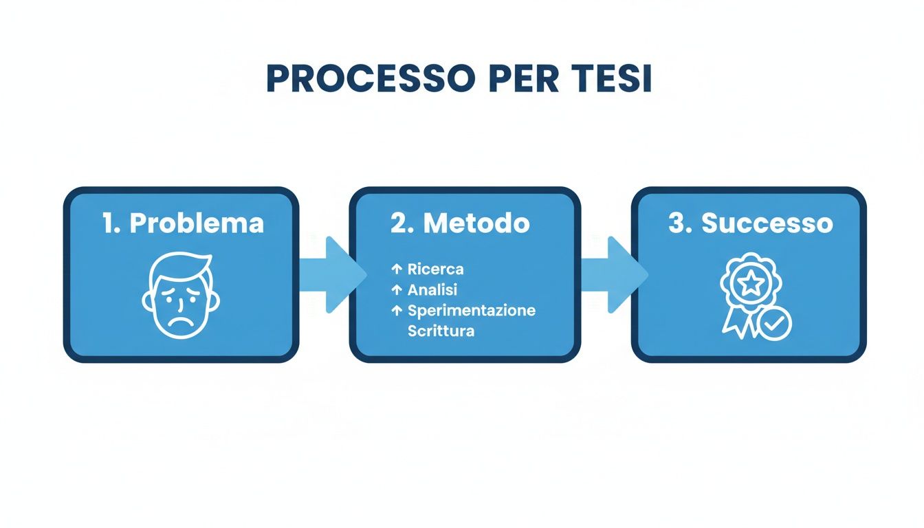 Un diagramma di flusso che illustra il processo per scrivere una tesi: dal problema al successo attraverso ricerca, analisi e scrittura.