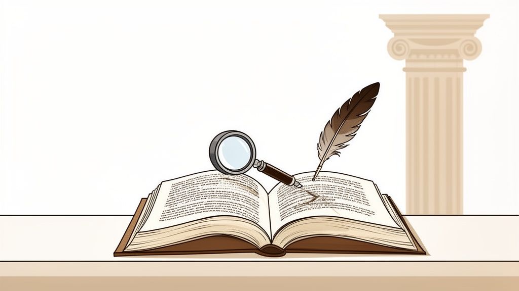 Un libro aperto con una lente d'ingrandimento e una penna d'oca, simbolo di studio e ricerca accademica.