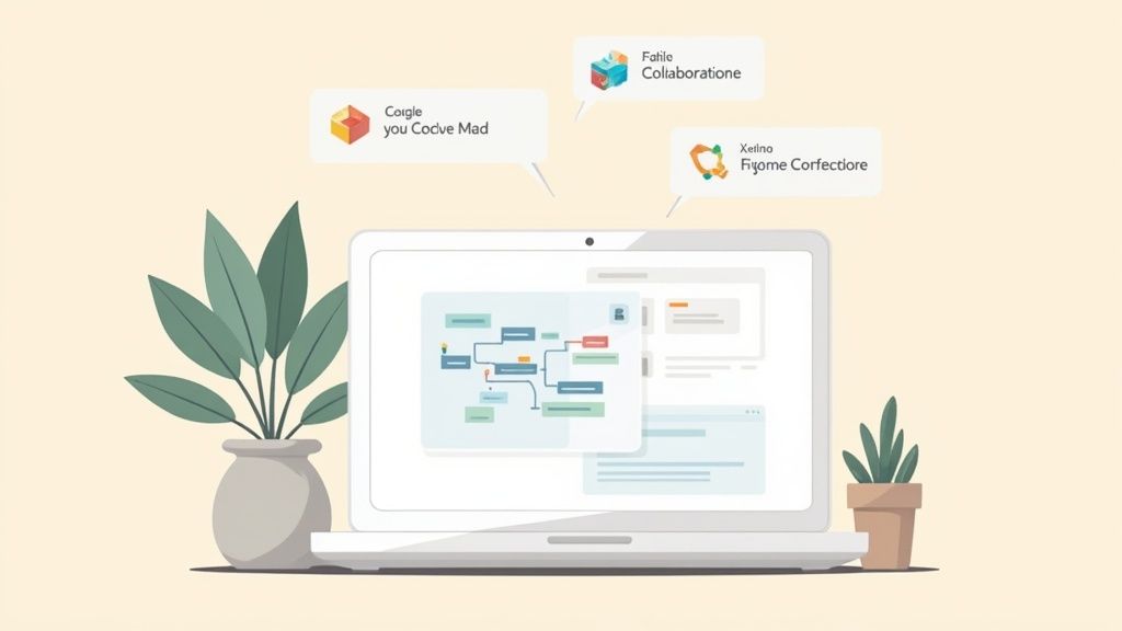 Laptop su scrivania con mappa concettuale sullo schermo, piante e fumetti di collaborazione.