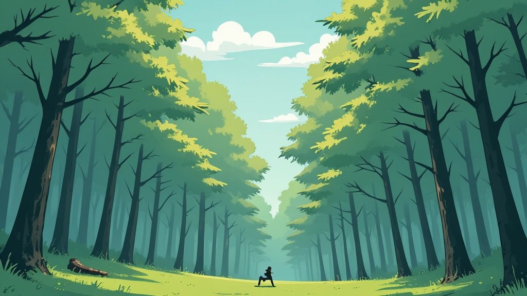 Una persona cammina in un sentiero di una foresta lussureggiante con alberi alti e cielo blu.