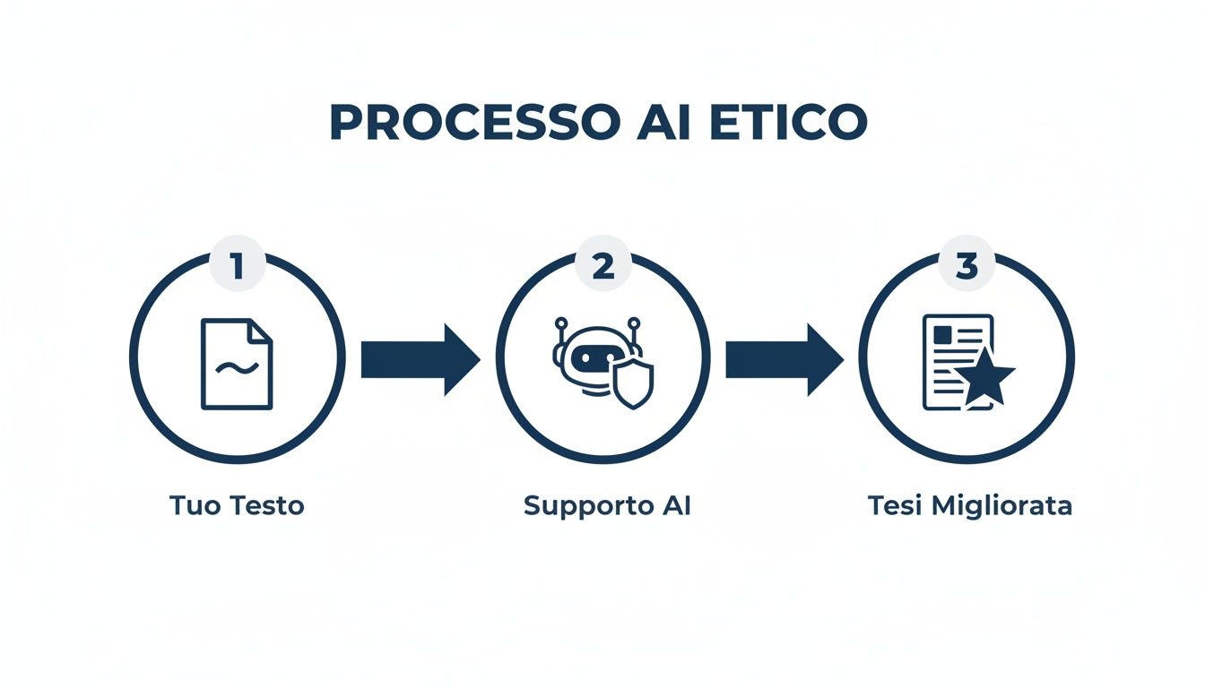 Un diagramma illustra il processo etico dell'AI per ottimizzare un testo, dalla bozza iniziale al risultato finale migliorato.