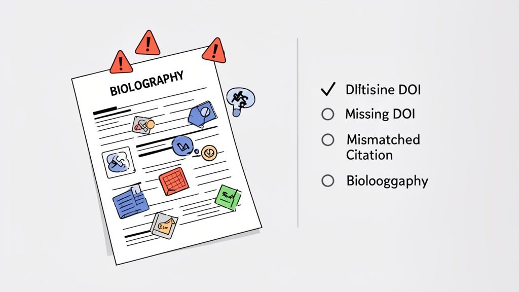 Un documento con errori ortografici, avvisi e una checklist che evidenzia problemi di citazione e DOI.