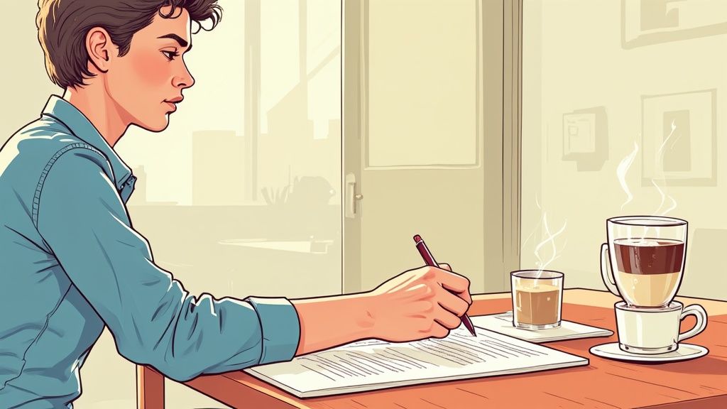 Giovane uomo scrive diligentemente su un documento al tavolo, con due bevande calde accanto.