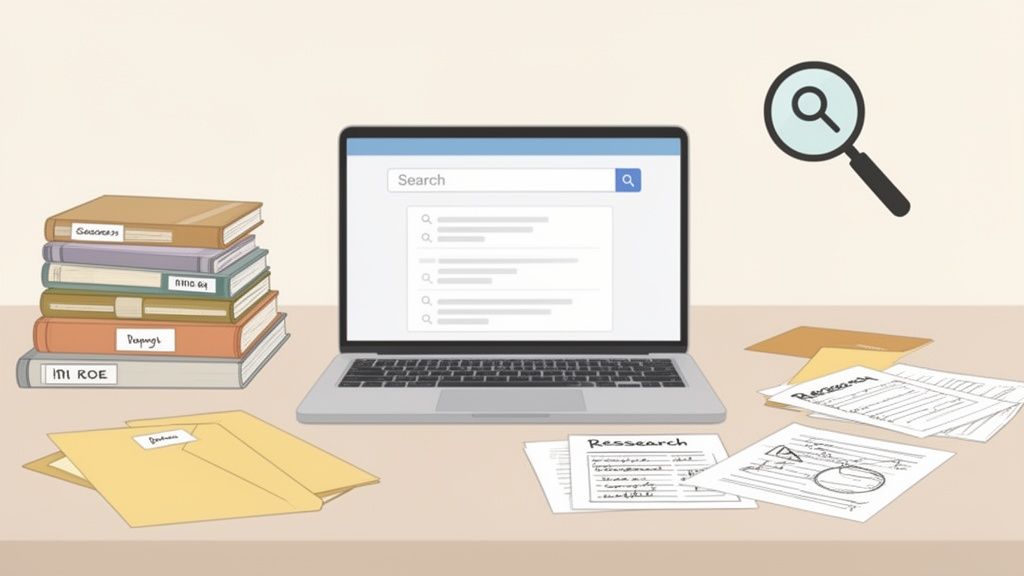 Una scrivania organizzata con un computer portatile aperto su una pagina di ricerca, pile di libri e documenti sparsi, simbolo di studio.