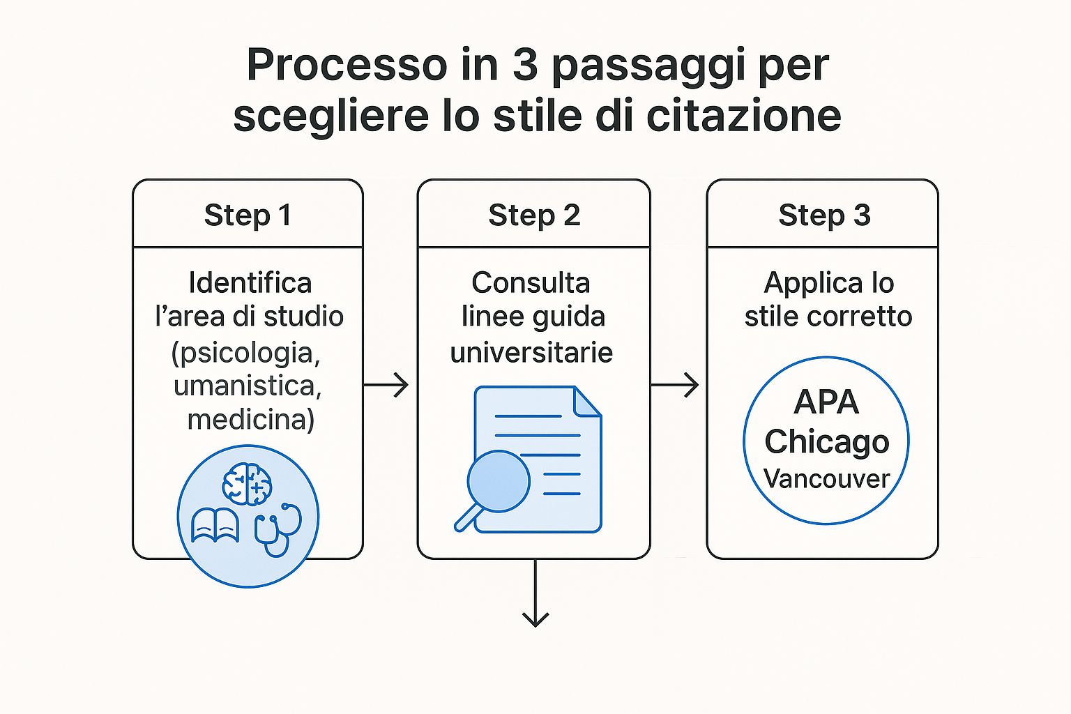 Infografica che mostra il processo in 3 passaggi per scegliere lo stile di citazione: identificare l'area di studio, consultare le linee guidate universitarie e applicare lo stile corretto.