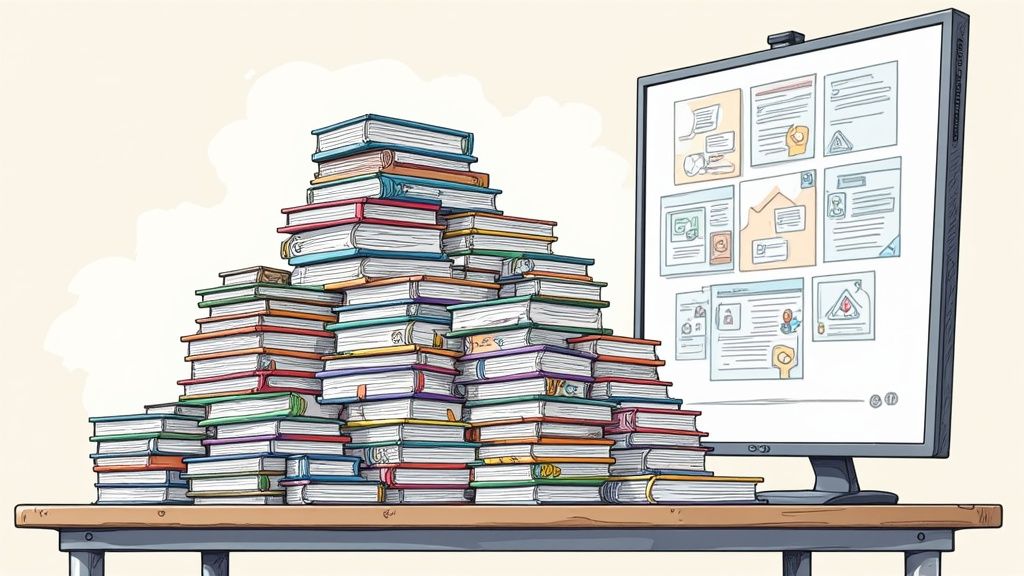 Una pila di libri colorati su un tavolo accanto a un monitor che mostra documenti digitali.