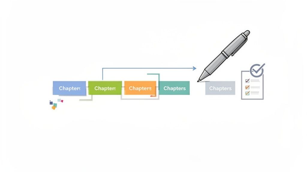 Illustrazione del processo di scrittura dei capitoli, con blocchi colorati, una penna che scrive e una checklist di completamento.