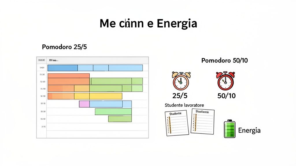 Immagine che illustra la tecnica del Pomodoro (25/5 e 50/10) per la gestione del tempo di studio e l'energia.