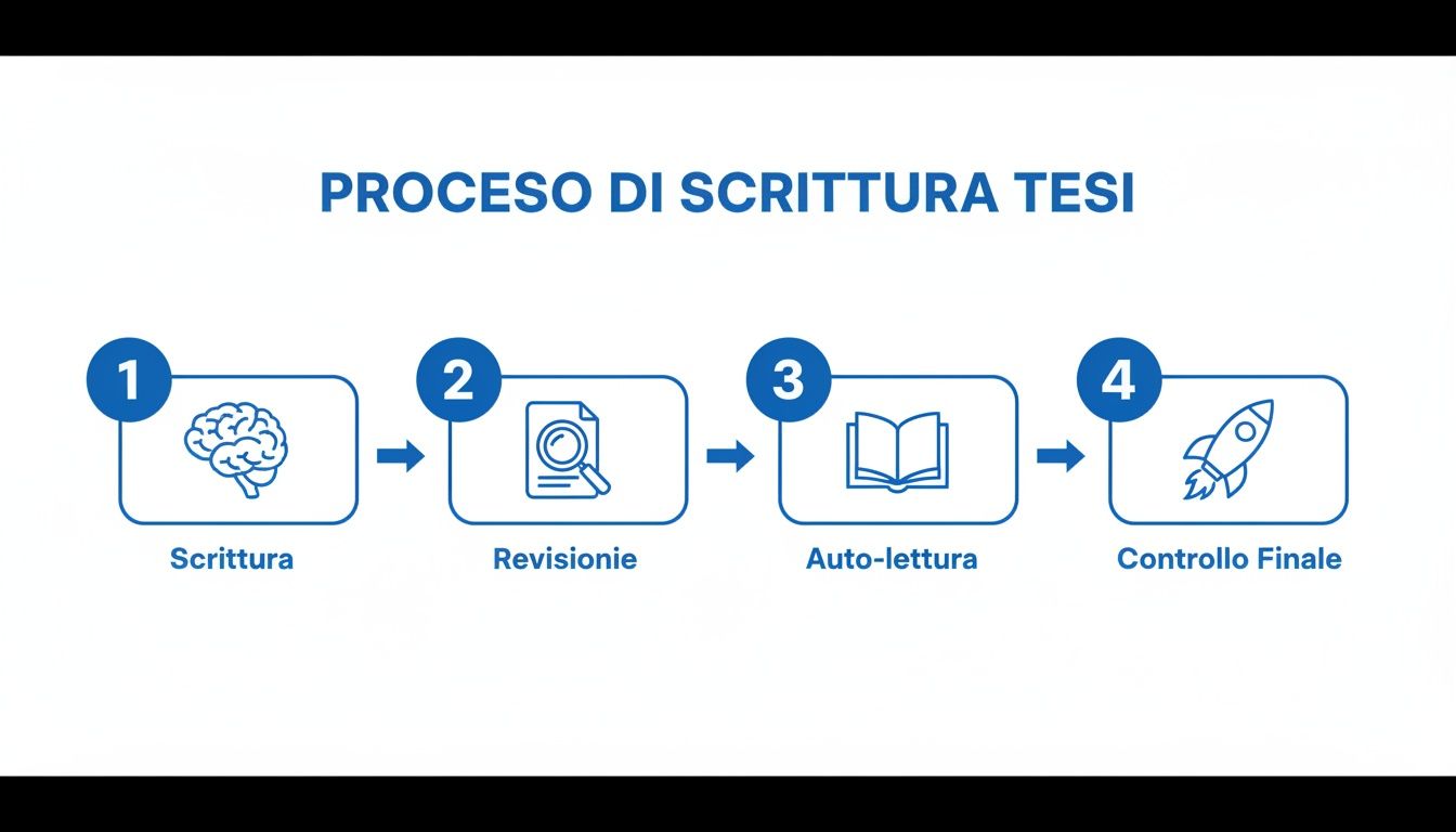 Diagramma di flusso che illustra il processo di scrittura di una tesi, con quattro passaggi chiave dalla scrittura al controllo finale.