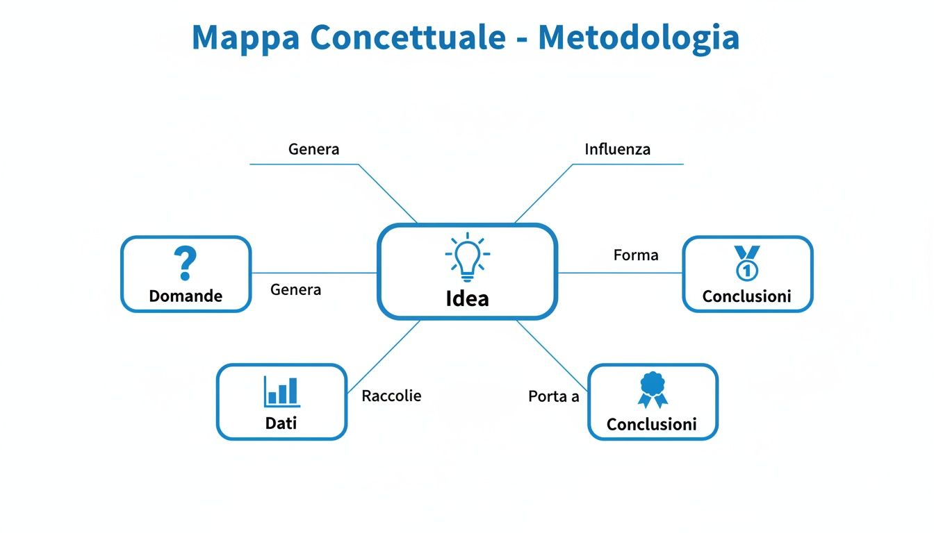 Mappa concettuale illustra la metodologia di ricerca, mostrando come un'idea si collega a domande, dati e conclusioni.
