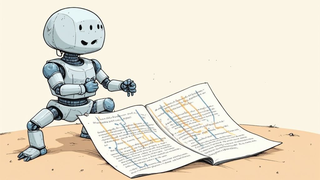 Una persona che utilizza un computer portatile con grafici e dati visualizzati sullo schermo, a simboleggiare la ricerca bibliografica potenziata dall'AI.