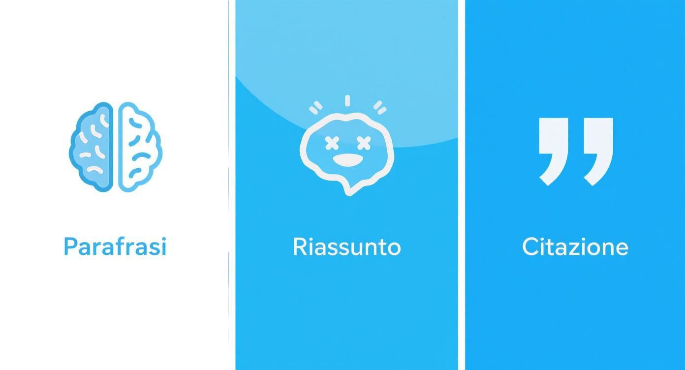 Infografica che confronta Parafrasi, Riassunto e Citazione con icone rappresentative.