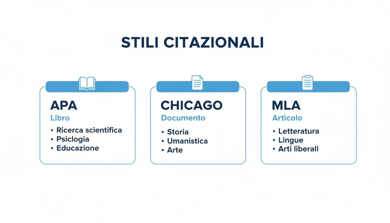 Infografica chiara e concisa che mostra tre stili citazionali principali: APA, Chicago e MLA, con i loro ambiti di applicazione.