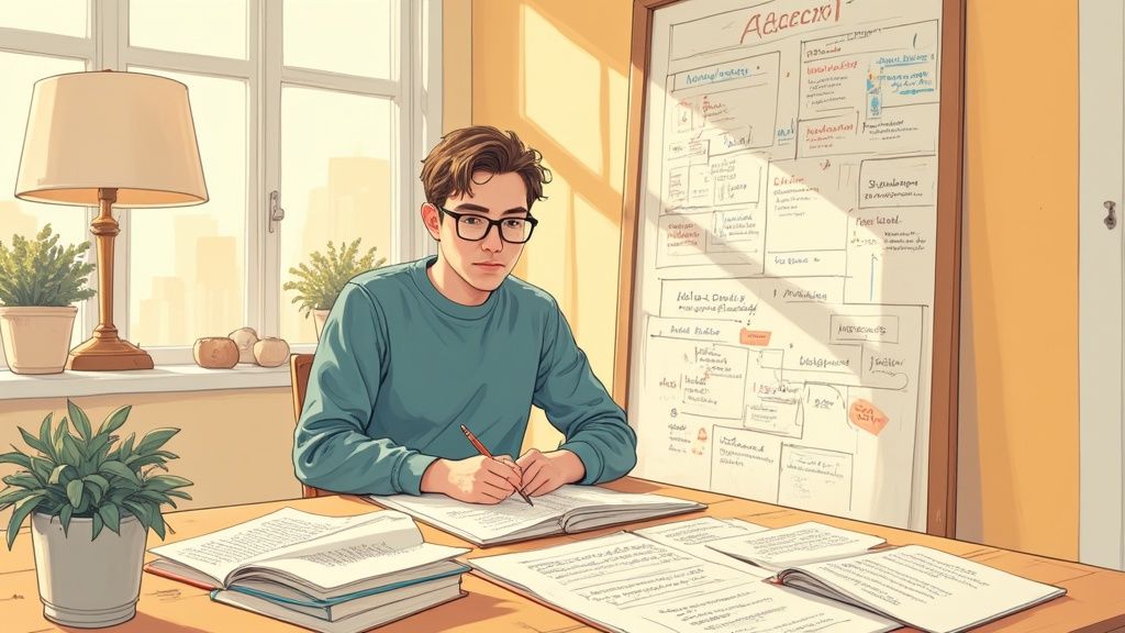 Un tavolo con quaderni, penne e un laptop, che simboleggia la fase di pianificazione della tesi.