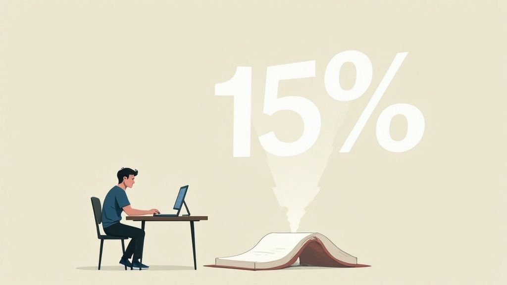 Una studentessa guarda preoccupata lo schermo del suo laptop, simboleggiando l'ansia da plagio prima della consegna della tesi.