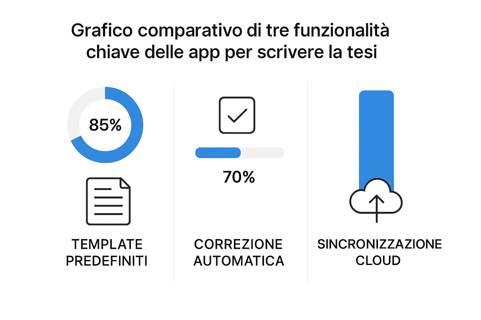 Infografica che mostra la popolarità delle funzionalità delle app per tesi: Template Predefiniti (85%), Correzione Automatica (70%), e Sincronizzazione Cloud (90%).