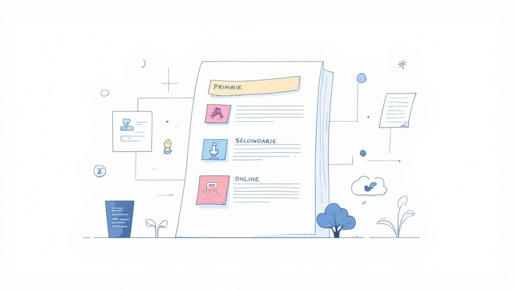 Una scrivania ordinata con libri, quaderni e un computer portatile, che simboleggia l'organizzazione delle fonti per la tesi.