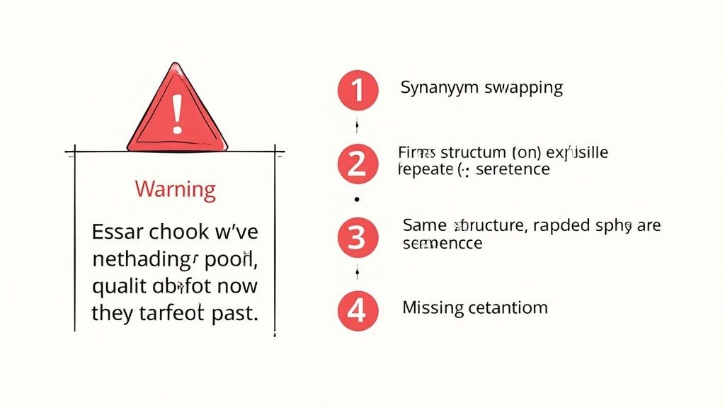 Diagramma che mostra quattro errori comuni nella parafrasi: sostituzione sinonimi, struttura frasale, velocità e dettagli mancanti