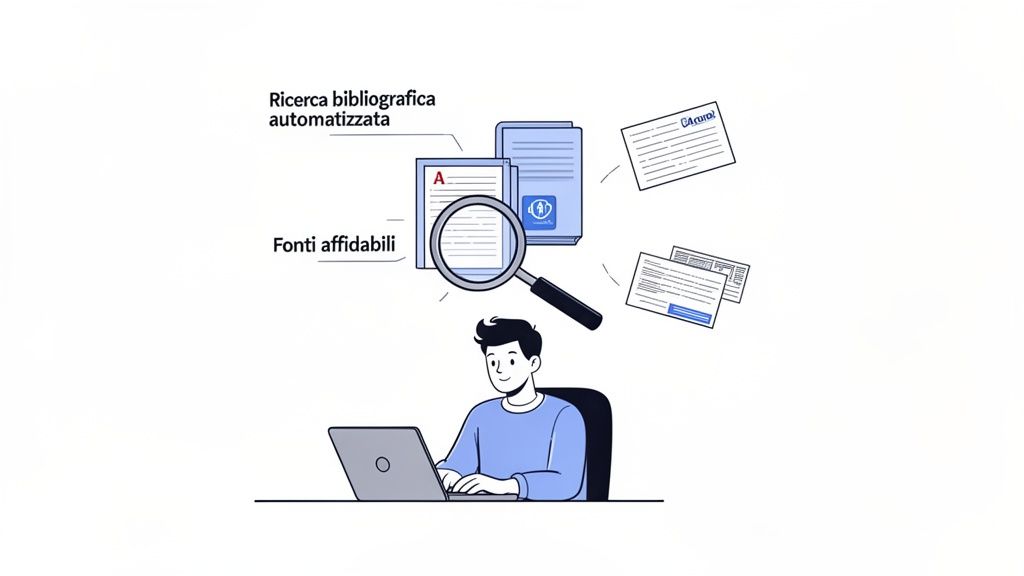 Uomo al laptop esegue ricerca bibliografica automatizzata, analizzando fonti affidabili e documenti.