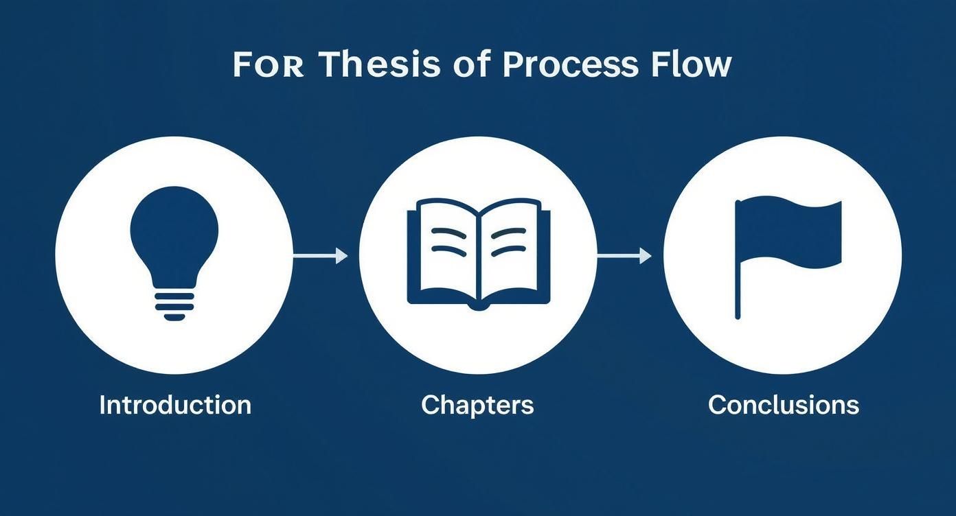 Un'infografica mostra il processo di stesura della tesi in tre fasi: l'introduzione con l'icona di una lampadina, i capitoli con l'icona di un libro aperto e le conclusioni con l'icona di una bandiera.