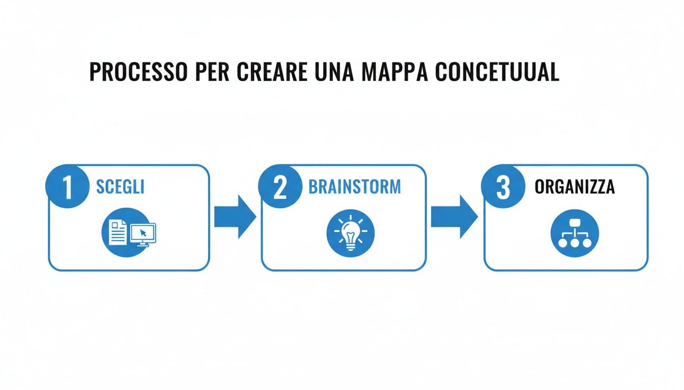 Un diagramma a tre passaggi che mostra come creare una mappa concettuale: Scegli, Brainstorm, Organizza.