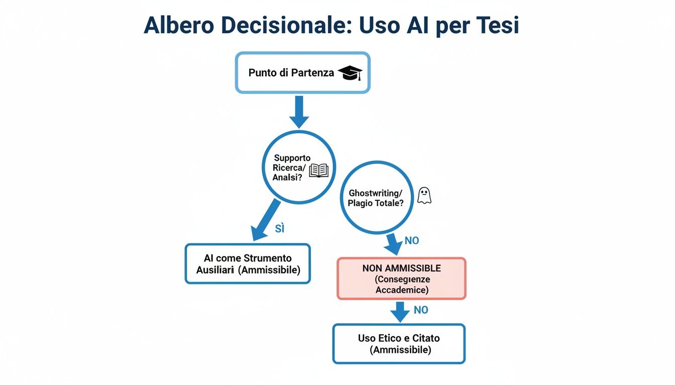 Albero decisionale sull'uso dell'IA per tesi. Supporto ricerca è ammissibile, plagio non lo è. L'uso etico è ammissibile.